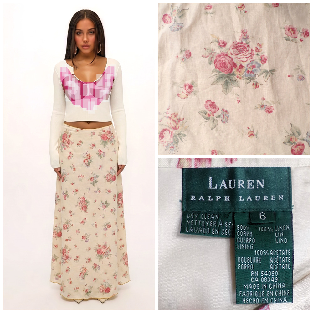 Vtg Ralph Lauren Maxi Skirt 6 100% Linen Beige Floral Boho Cottagecore Fairy 90s